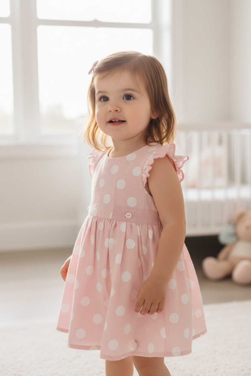 Vestido Rosa Lunares con Destellos Dorados