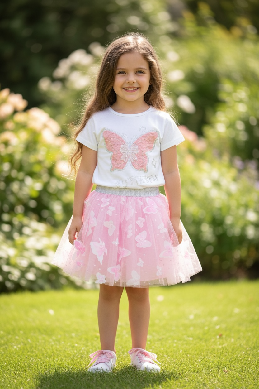 Set Butterfly – Blusa Blanca y Falda Rosa