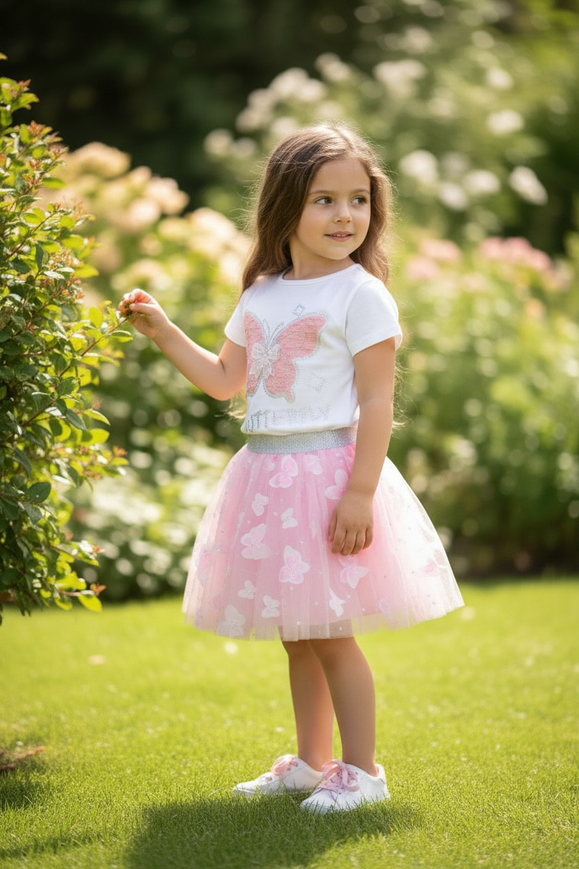 Set Butterfly – Blusa Blanca y Falda Rosa